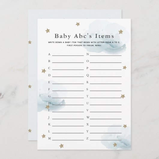 Stars & Clouds Baby ABC Item Shower Game Blue Card Kaart (Voorkant / Achterkant)