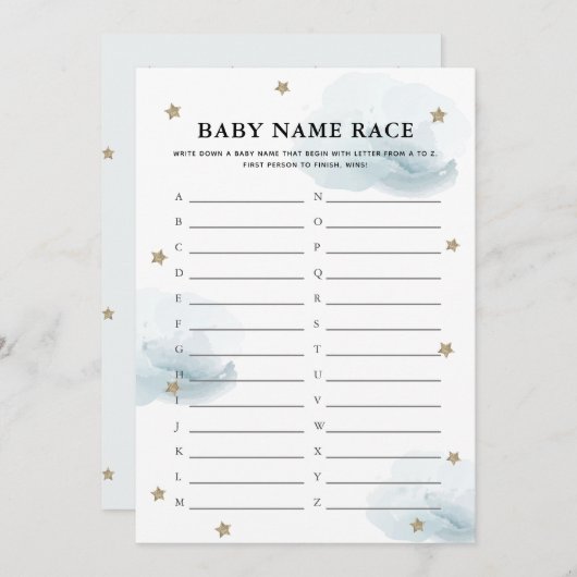 Stars & Clouds Baby Name Race Shower Game Card Kaart (Voorkant / Achterkant)