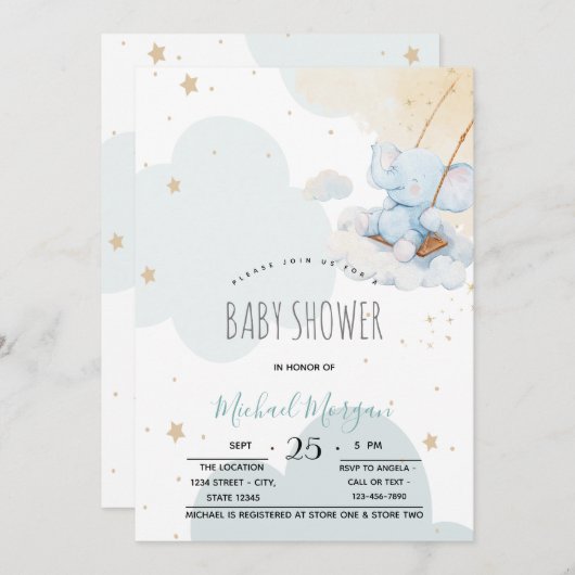 Stars Clouds Blue Teddy Bear Baby shower Kaart (Voorkant / Achterkant)