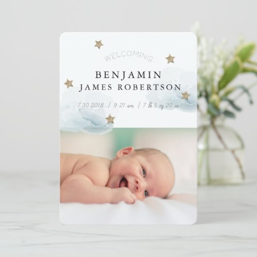 Stars & Clouds Boy Blue Geboorte Aankondiging Kaar (Staand voorkant)