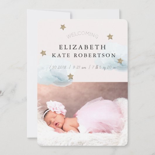 Stars & Clouds Meisje Roze Geboorte Aankondiging K (Voorkant)