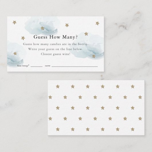 Stars Clouds raden hoeveel Blue Baby shower spel Informatiekaartje (Voorkant / Achterkant)