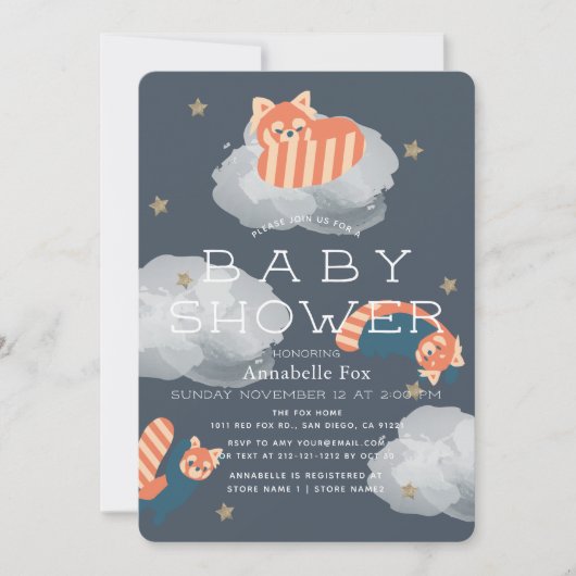 Stars & Clouds Red Pandas Baby shower Uitnodiging (Voorkant)