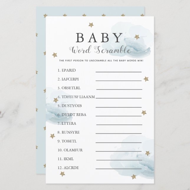 Stars & Clouds Word Scramble Baby shower Blue game (Voorkant / Achterkant)