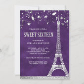 Stars Confetti Silver Eiffel Tower Paars Sweet 16 Kaart (Voorkant)