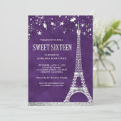 Stars Confetti Silver Eiffel Tower Paars Sweet 16 Kaart (Staand voorkant)