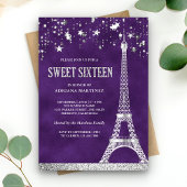 Stars Confetti Silver Eiffel Tower Paars Sweet 16 Kaart