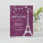 Stars Confetti Silver Eiffel Tower Plum Sweet 16 Kaart (Staand voorkant)