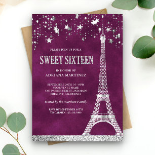 Stars Confetti Silver Eiffel Tower Plum Sweet 16 Kaart