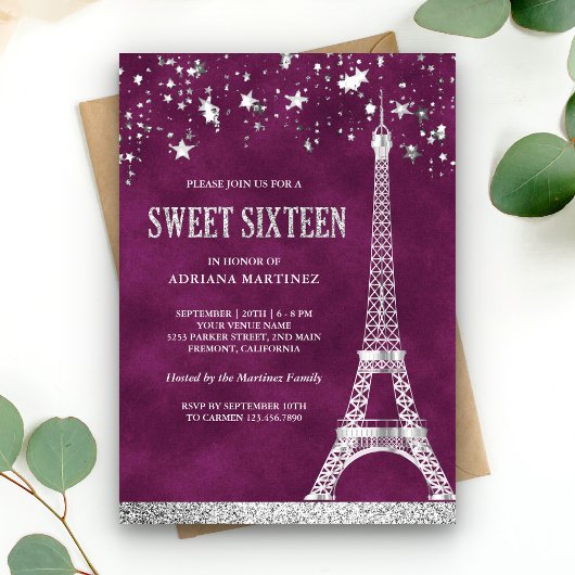 Stars Confetti Silver Eiffel Tower Plum Sweet 16 Kaart