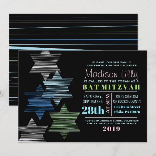 STARS CONNECTING Bat Mitzvah Invitation Kaart (Voorkant / Achterkant)