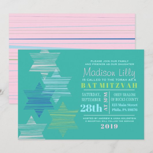 STARS CONNECTING Bat Mitzvah Invitation Kaart (Voorkant / Achterkant)