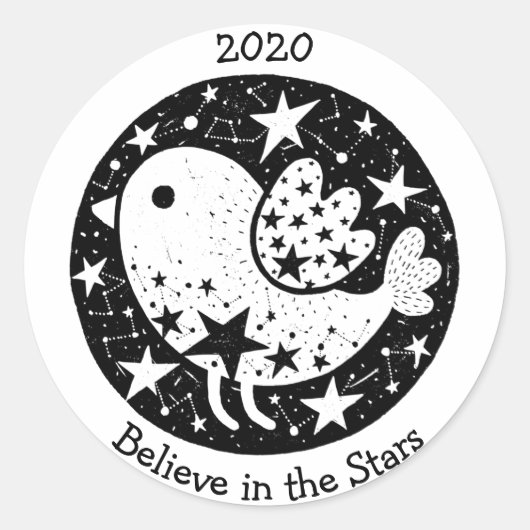 Stars & Constellations Cute Bird Flying B/W Ronde Sticker (Voorkant)
