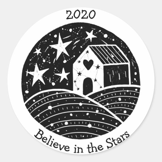 Stars & Constellations House on Hill Night Sky B/W Ronde Sticker (Voorkant)