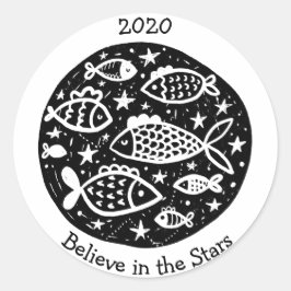 Stars & Constellations Pisces Fish Vist B/W Ronde Sticker