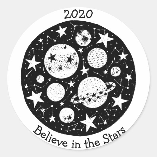 Stars & Constellations Planets in Night Sky B/W Ronde Sticker (Voorkant)