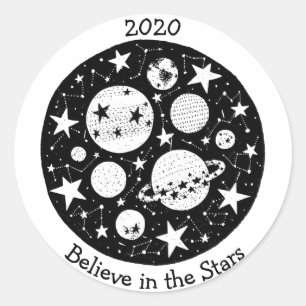 Stars & Constellations Planets in Night Sky B/W Ronde Sticker