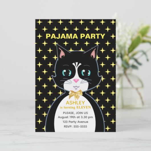 Stars & Cute Birthday Cat Pajama Party Kaart (Staand voorkant)