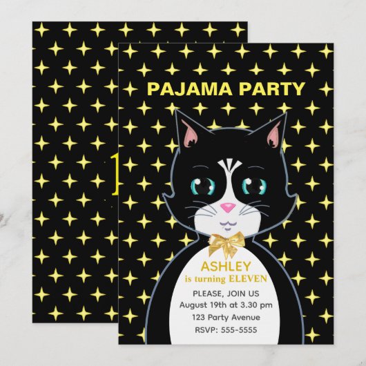 Stars & Cute Birthday Cat Pajama Party Kaart (Voorkant / Achterkant)