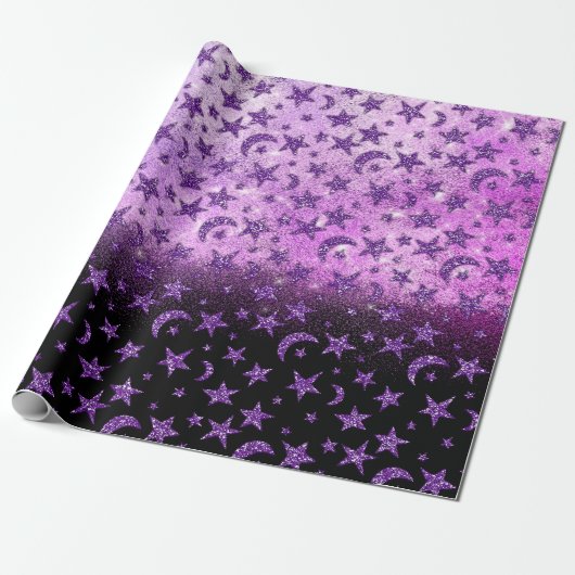 Stars en Moon Black Paars Plum Sparkly Ombre Cadeaupapier (Uitgerold)