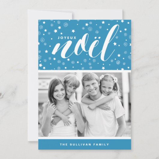 Stars en Snowflakes Joyeux Noël Blue Holiday Kaart (Voorkant)
