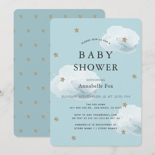 Stars & Fluffy Clouds Blue Baby shower Invitation Kaart (Voorkant / Achterkant)