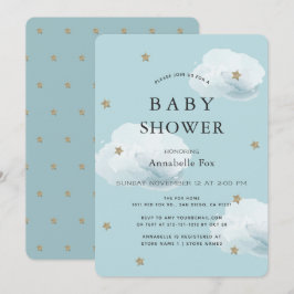 Stars & Fluffy Clouds Blue Baby shower Invitation Kaart