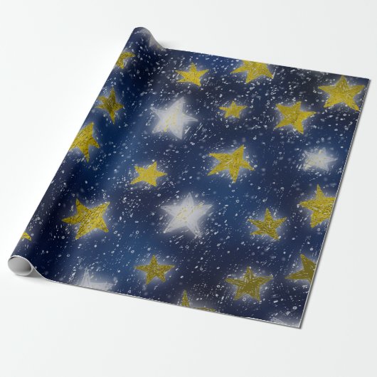 Stars Galaxy Sky Navy Blue Night Mustard Gold Fanc Cadeaupapier (Uitgerold)