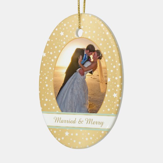 Stars Gold Lijst Eerste kerstbruiloft Keramisch Ornament (Links)