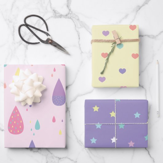 Stars Hearts Rainbow Pastels Wrapping Paper Sheets (Voorkant)