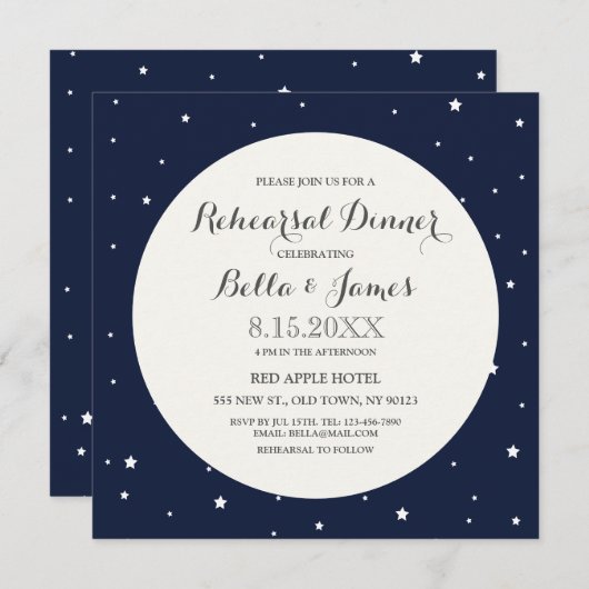 Stars Midnight Blue Moon Rehearsal Dinner Invite Kaart (Voorkant / Achterkant)