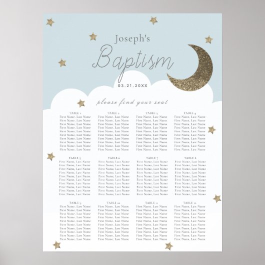 Stars & Moon Baby Blue Boy Baptism Separatieschema Poster (Voorkant)