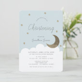 Stars & Moon Baby Blue Boy Christening Kaart (Staand voorkant)