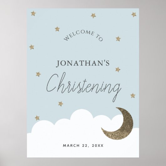 Stars & Moon Blue Boy Christening Welcome Sign. Poster (Voorkant)