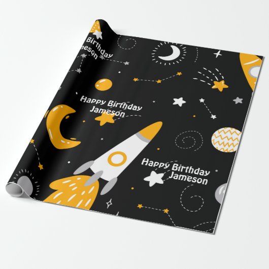Stars Moon Buitenspace Rocket Birthday Cadeaupapier (Uitgerold)