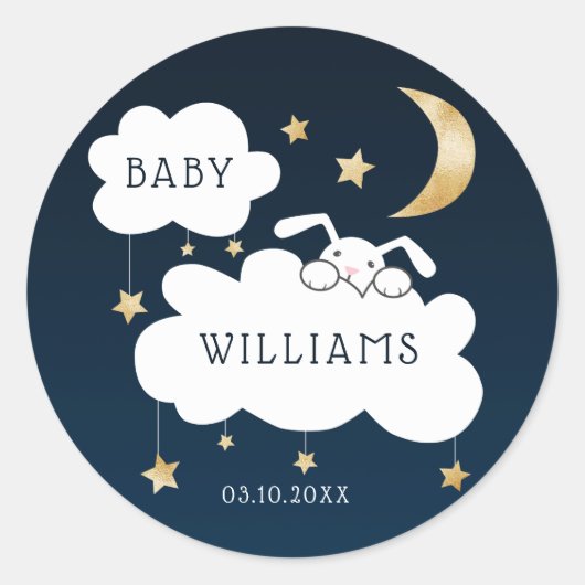 Stars Moon Bunny Gold Navy Baby shower Ronde Sticker (Voorkant)