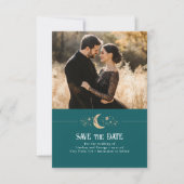 Stars Moon Celestial Blauwgroen Save the Date Foto (Voorkant)