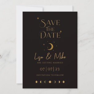 Stars & Moon Celestial Save the Date, Black & Gold Kaart