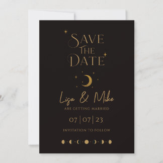 Stars & Moon Celestial Save the Date, Black & Gold Kaart