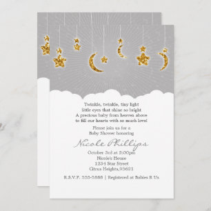 Stars Moon & Clouds Baby shower Gray Invitations Kaart