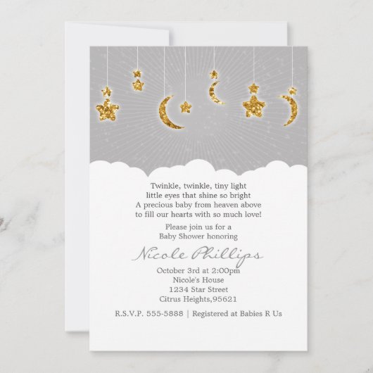 Stars Moon & Clouds Baby shower Grey Invitations Kaart (Voorkant)