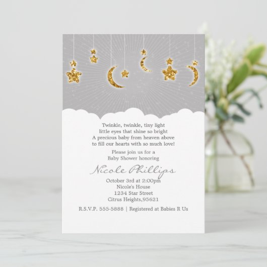 Stars Moon & Clouds Baby shower Grey Invitations Kaart (Staand voorkant)