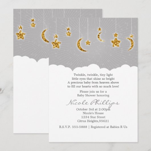 Stars Moon & Clouds Baby shower Grey Invitations Kaart (Voorkant / Achterkant)