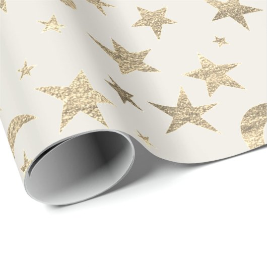 Stars Moon Ivory Creamy Gold Metal Sky Champaign Cadeaupapier (Rol Hoek)