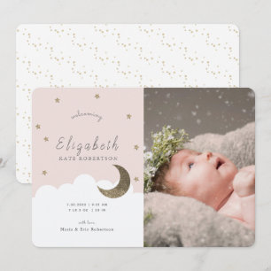 Stars & Moon Pink Girl Foto geboorteaankondiging Kaart
