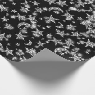 Stars Moon Spark Night Galaxy Black Silver Grey Cadeaupapier