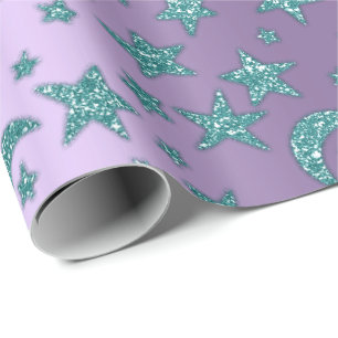 Stars Moon Sparkly Blauwgroen Paars Glitter Night Cadeaupapier