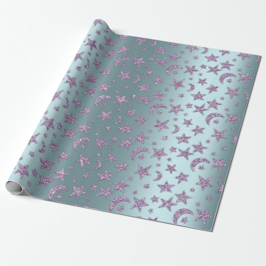 Stars Moon Sparkly Lavender Paars Violet Aqua Cadeaupapier (Uitgerold)