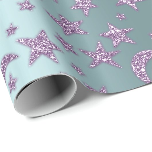 Stars Moon Sparkly Lavender Paars Violet Aqua Cadeaupapier (Rol Hoek)