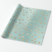Stars Moon Tiffany Aqua Gold Metal Sky Champaign Cadeaupapier (Uitgerold)
